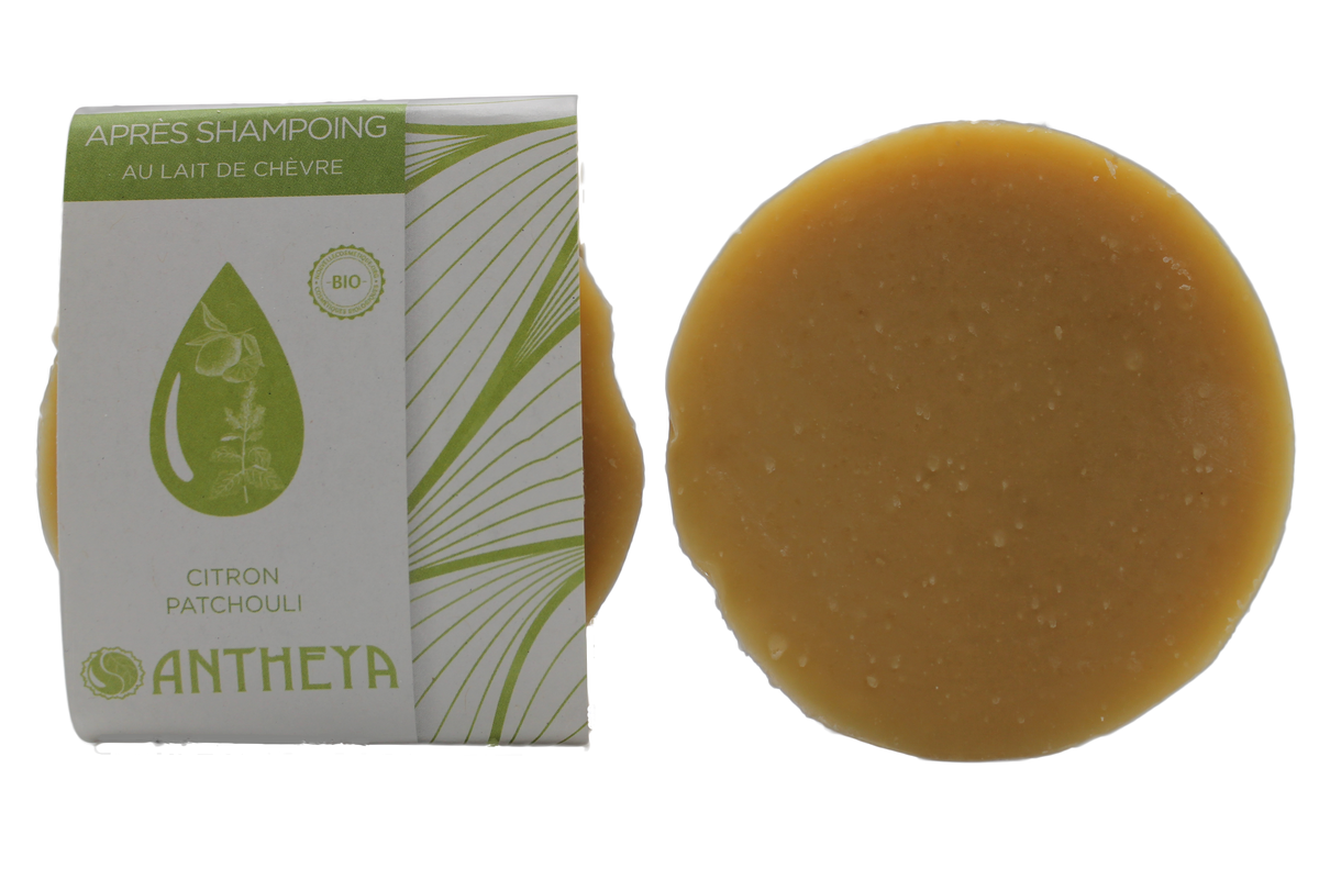 Après-shampoing solide lait de chèvre/citron/patchouli - brillance (bande papier) - 90 g