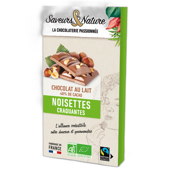 Tablette de chocolat au lait bio 40% de cacao minimum noisettes craquantes - 80 g