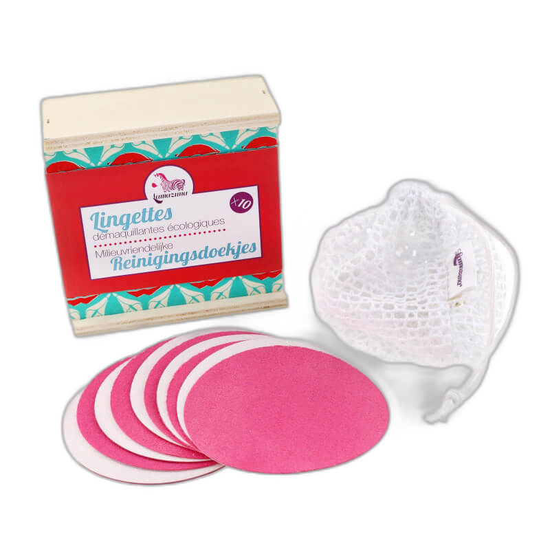Coffret 10 lingettes démaquillantes (Rose/blanc) + filet de lavage