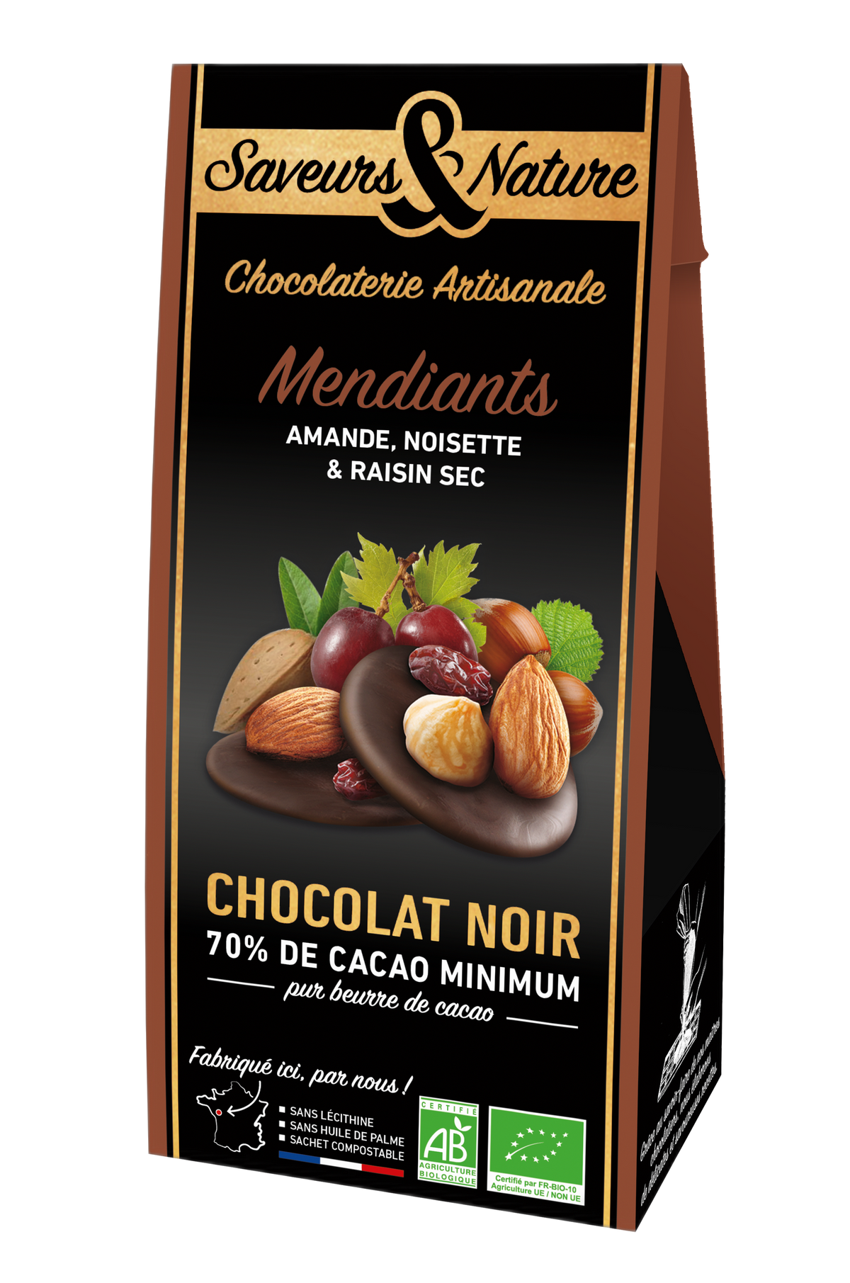 Mendiants de chocolat noir bio (amande, noisette, raisin sec) - 125 g