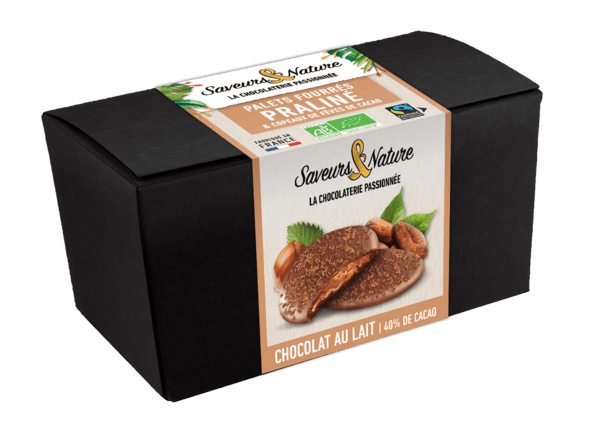 Ballotin palets de chocolat au lait coeur praliné et copeaux de fèves de cacao - 125 g