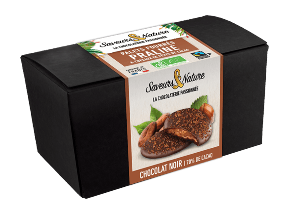 Ballotin palets de chocolat noir coeur praliné et copeaux de fèves de cacao bio - 125 g