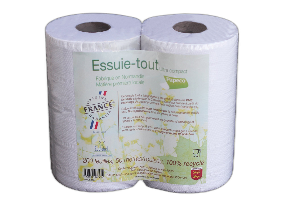 Essuie-tout recycl√© fran√ßais 2 plis √©colabel - 1 rouleau (de 200 feuilles chacun)