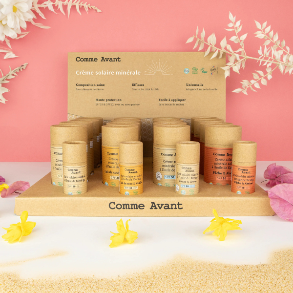 Présentoir de 16 crèmes solaires Sans Parfum, Lait de coco & Vanille, pêche & Abricot + 4 testeurs(origine France)