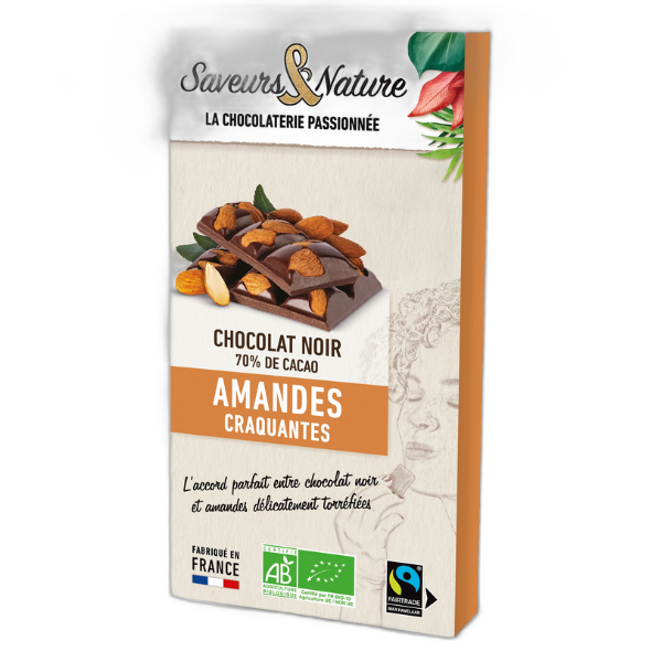 Tablette de chocolat noir bio 70% de cacao minimum amandes craquantes - 80 g