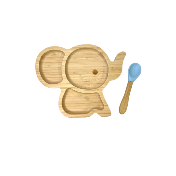 Set de repas bébé éléphant bleu pastel (assiette + cuillère)