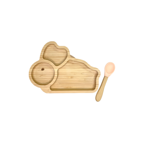 Set de repas bébé lapin rose poudré (assiette + cuillère)