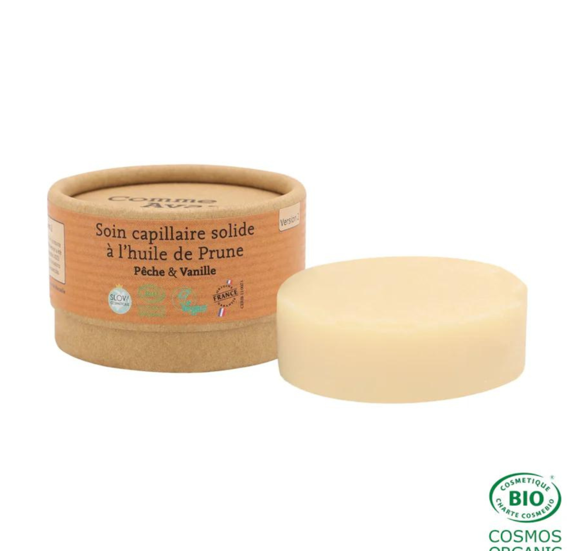 Soin capillaire solide à l'huile de prune - pêche & vanille - version 2 - 50 g