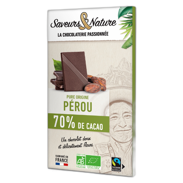Tablette de chocolat noir bio 70% de cacao pure origine pérou - 80 g