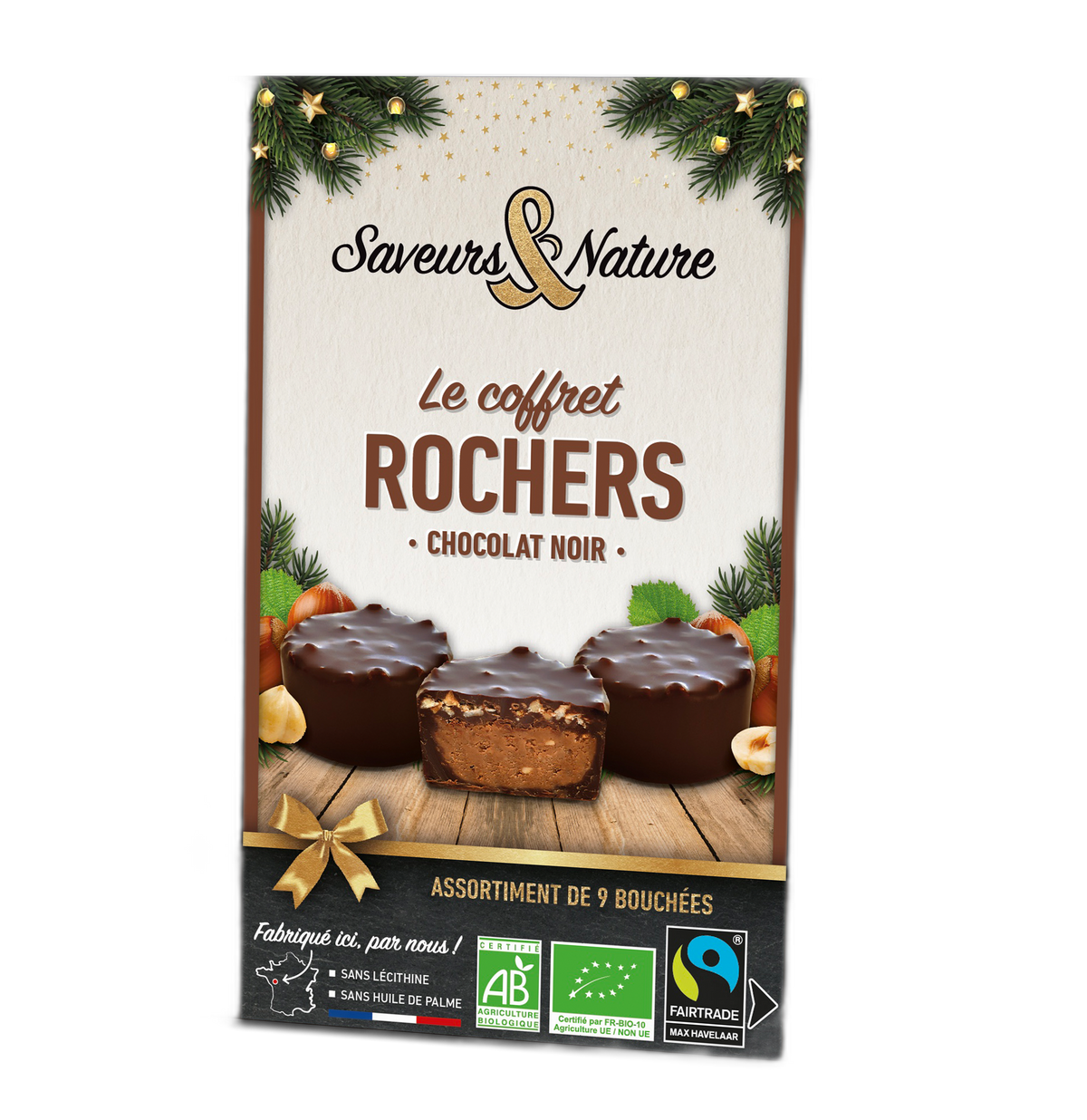 Coffret 9 mini rochers praliné noisette enrobés de chocolat noir 70% cacao bio - 135 g