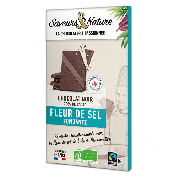 Tablette de chocolat noir bio 70% de cacao à la fleur de sel de noirmoutier - 80 g