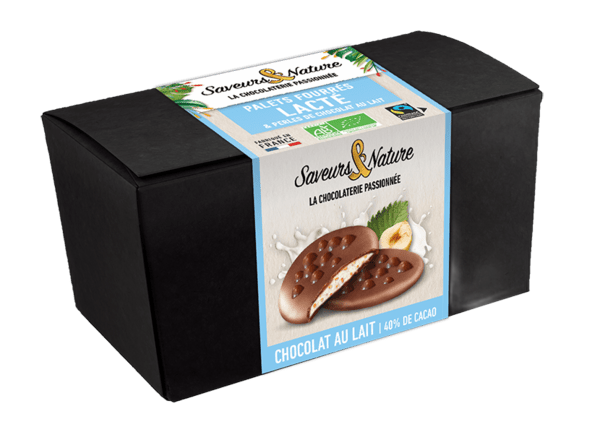 Ballotin palets de chocolat au lait coeur lacté et perles de chocolat au lait bio - 125 g
