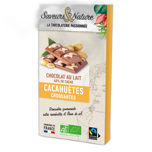 Tablette de chocolat au lait bio 40% de cacao minimum à la fleur de sel de noirmoutier cacahuètes - 80 g