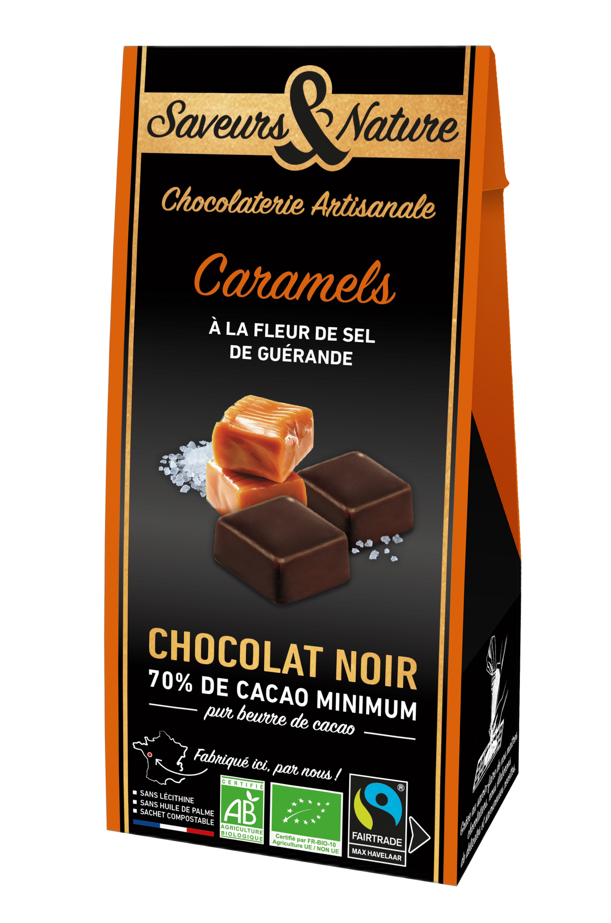 Ballotin de caramels à la fleur de sel enrobés de chocolat noir bio - 150 g