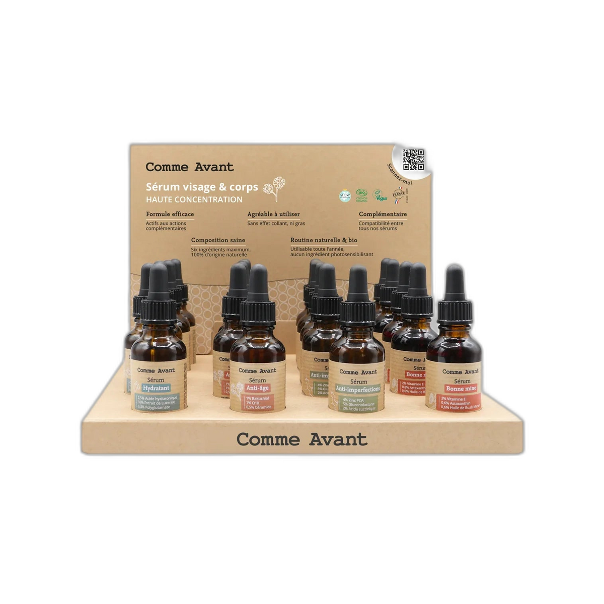 Présentoir de 16 sérums visage + 4 produits de présentation offert