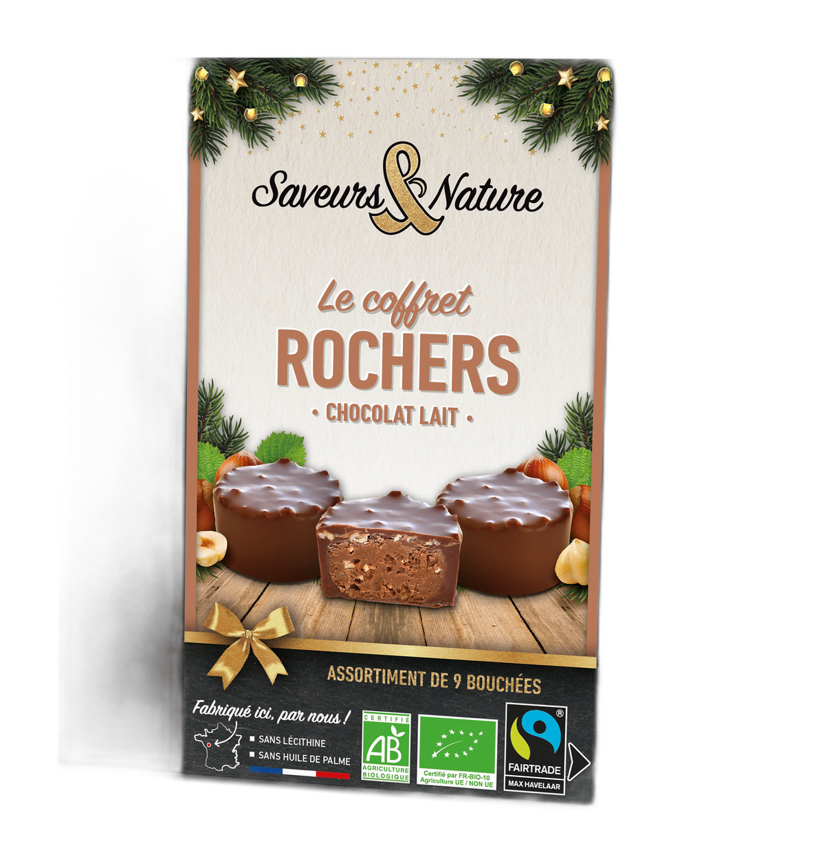 Coffret 9 mini rochers pralinés noisette enrobés de chocolat au lait bio - 135 g