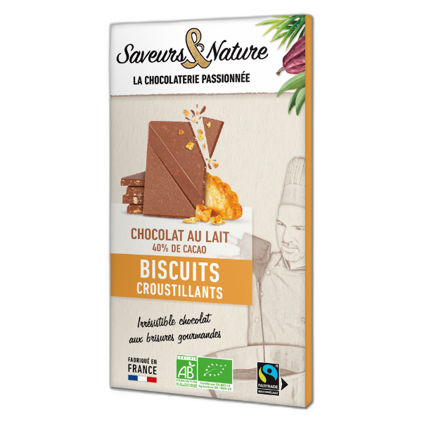 Tablette de chocolat au lait bio 40% de cacao aux éclats de biscuits - 80 g