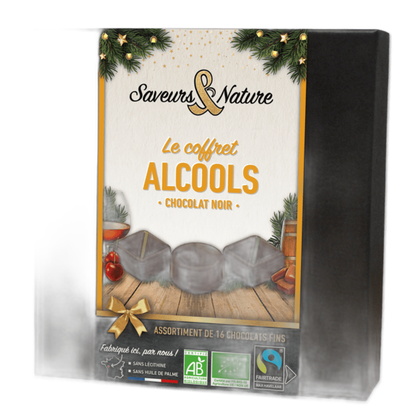 Coffret assortiment de 16 chocolats noirs bio aux alcools - 125 g