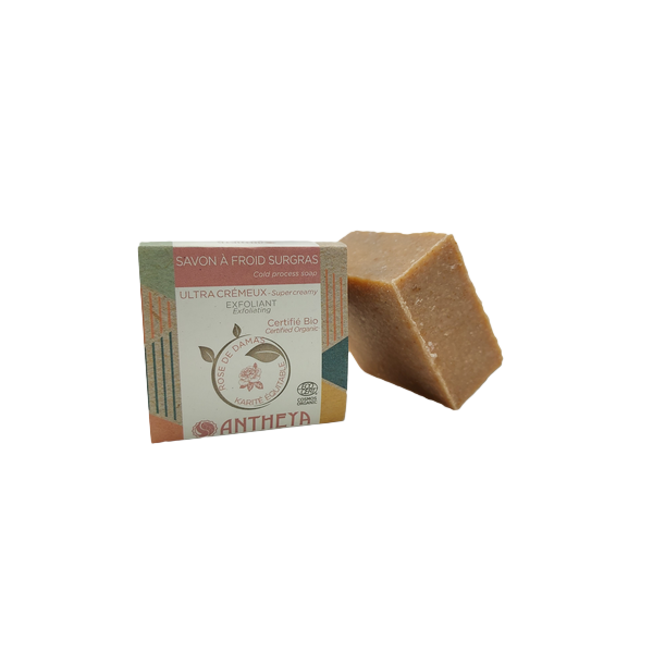 Savon crémeux visage rose de damas - exfoliant peaux sensibles (bande papier) - 90 g