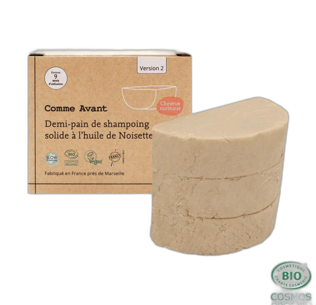Shampoing solide à l'huile de noisette (Cheveux normaux) - version 2 - demi pain - 210 g