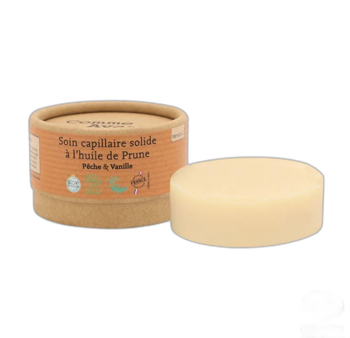 Soin capillaire solide à l'huile de prune - pêche & vanille - version 2 - 50 g