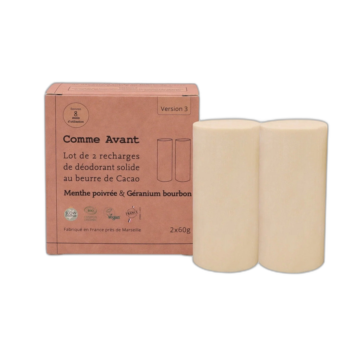 Déodorant solide au beurre de cacao menthe poivrée et géranium (recharges) - 2x60g