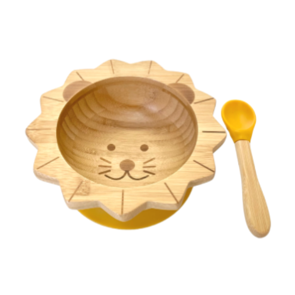 Set de repas bébé lion moutarde (bol + cuillère)