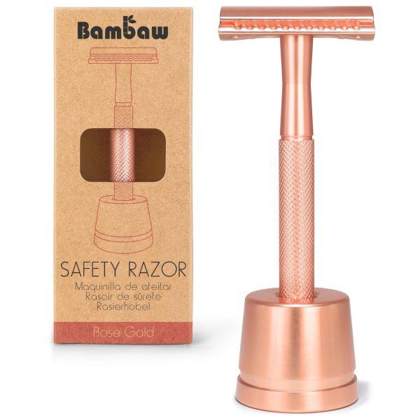 Rasoir de sûreté en métal + socle (or rose)