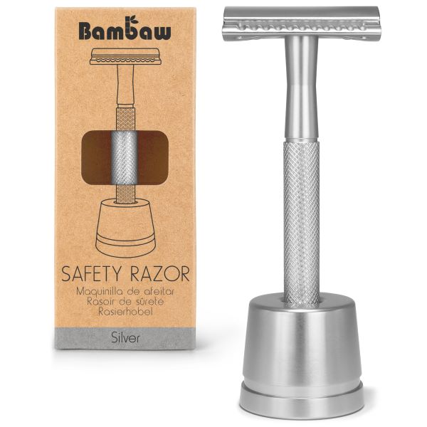 Rasoir de sûreté en métal + socle (argent)