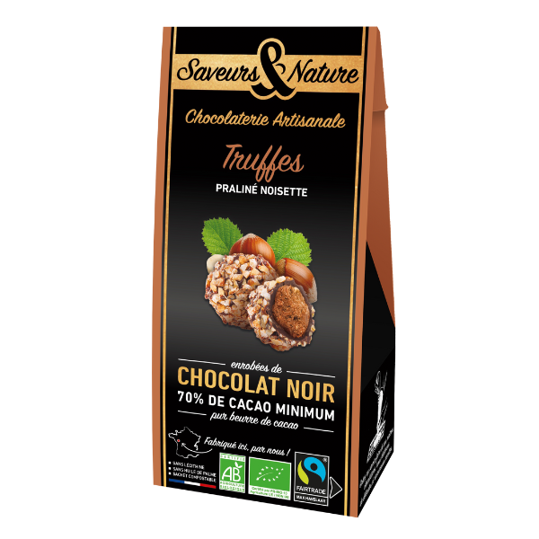 Ballotin de truffes praliné noisette enrobées de chocolat noir bio - 100 g