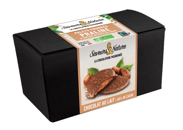 Ballotin palets de chocolat au lait coeur praliné et copeaux de fèves de cacao - 125 g