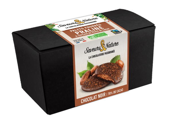 Ballotin palets de chocolat noir coeur praliné et copeaux de fèves de cacao bio - 125 g