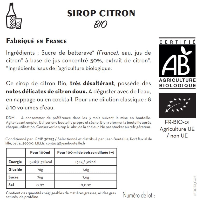 Contre étiquette sirop de citron - lot de 50