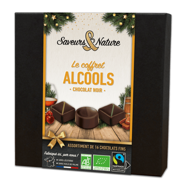 Coffret assortiment de 16 chocolats noirs bio aux alcools - 125 g