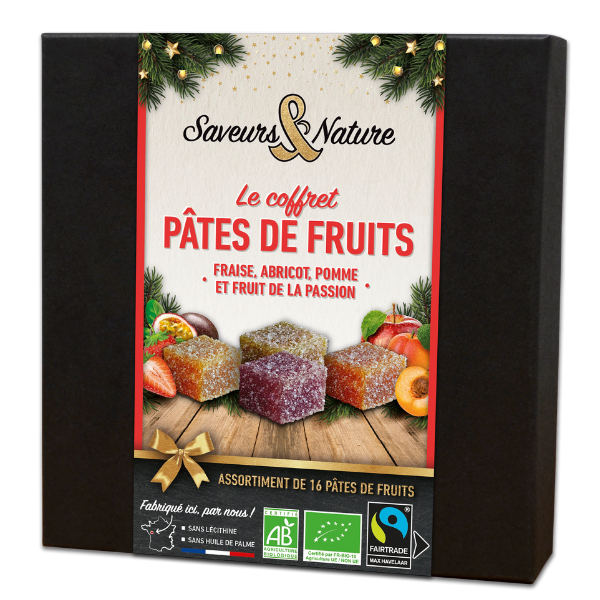 Coffret assortiment de 16 pâtes de fruits bio (fraise, abricot, passion, pomme) - 180 g