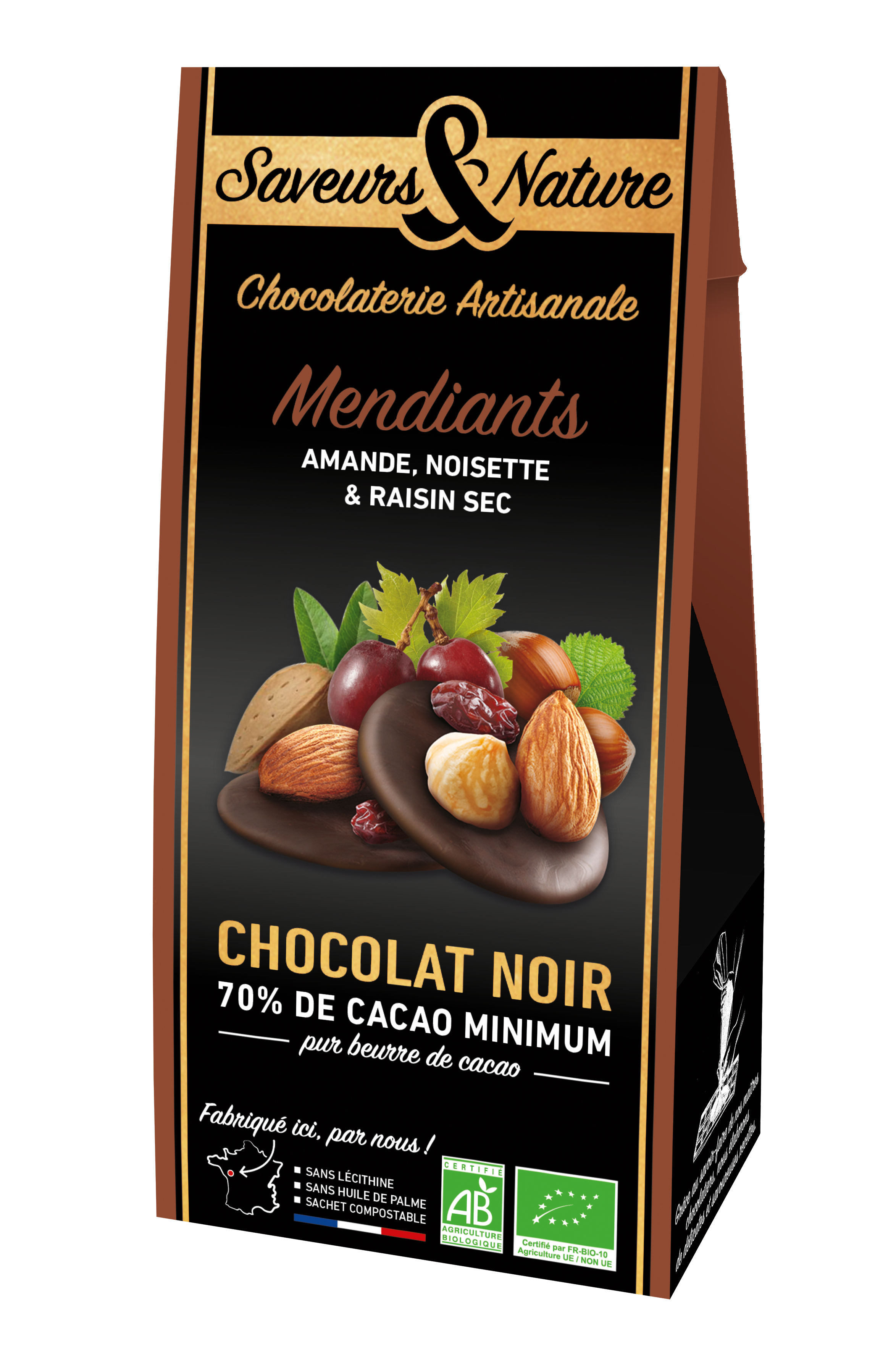 Mendiants de chocolat noir bio (amande, noisette, raisin sec) - 125 g