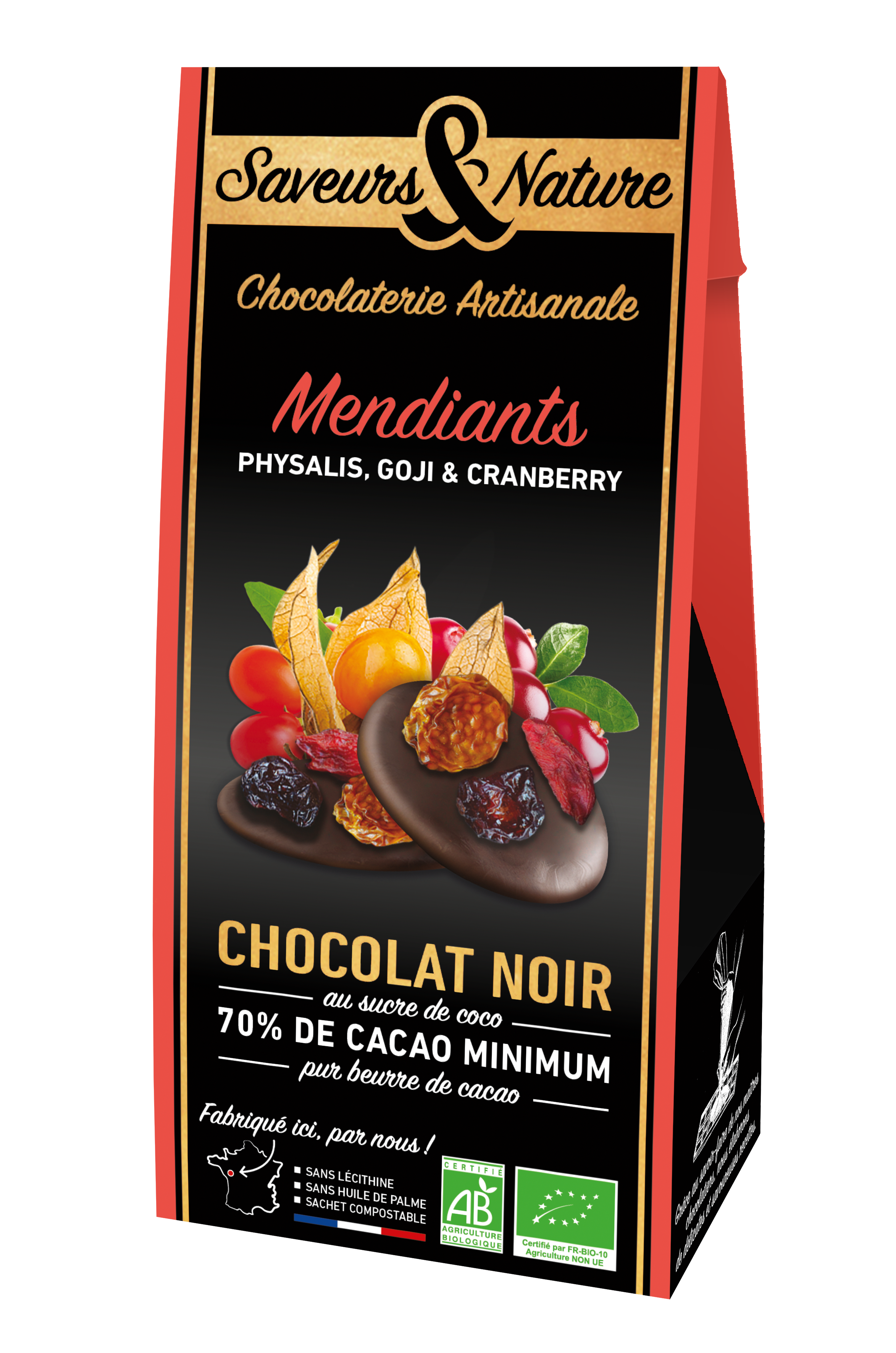 Mendiants de chocolat noir bio au sucre de coco avec cranberry, goji, physalis - 125 g