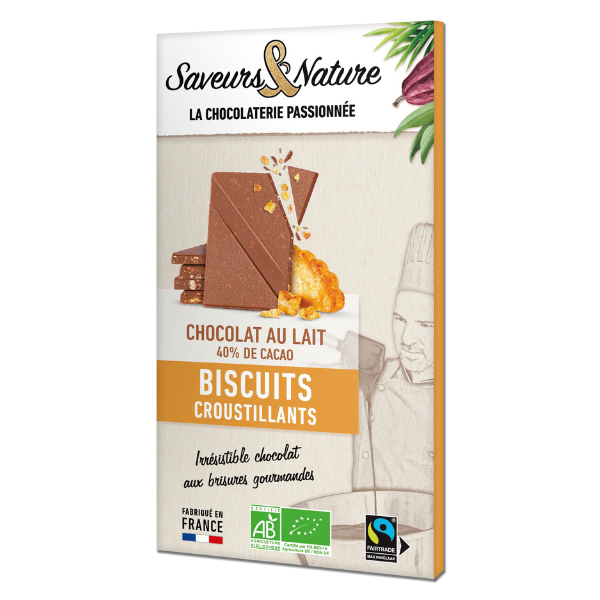 Tablette de chocolat au lait bio 40% de cacao aux éclats de biscuits - 80 g