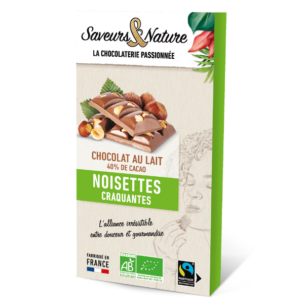 Tablette de chocolat au lait bio 40% de cacao minimum noisettes craquantes - 80 g