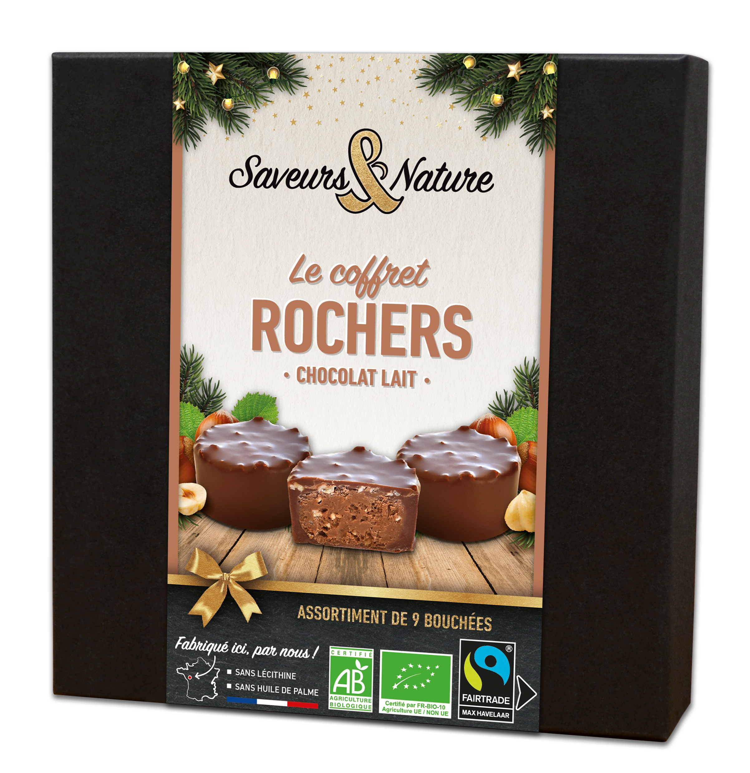Coffret 9 mini rochers pralinés noisette enrobés de chocolat au lait bio - 135 g