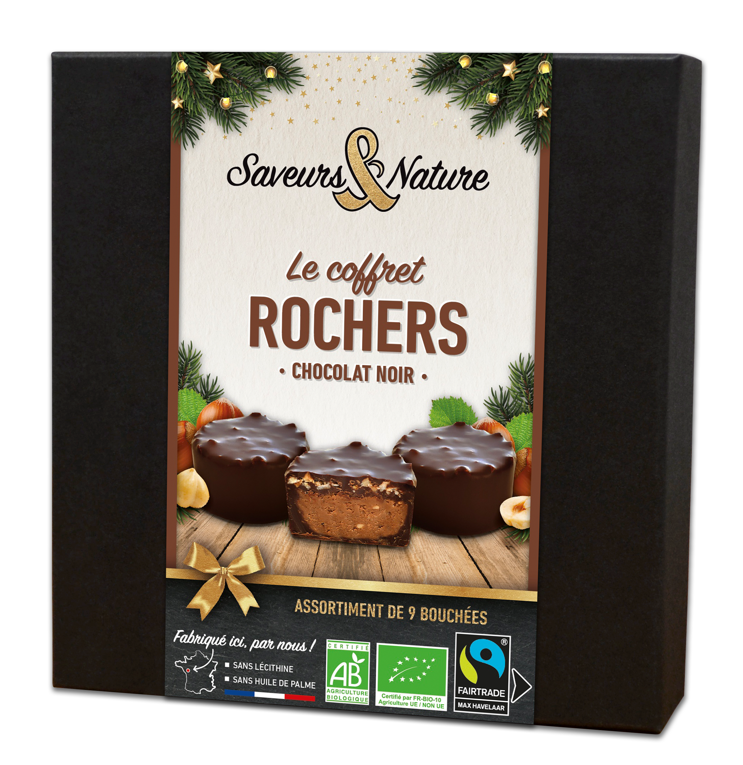 Coffret 9 mini rochers praliné noisette enrobés de chocolat noir 70% cacao bio - 135 g