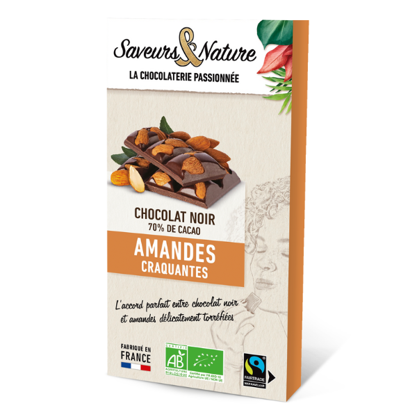 Tablette de chocolat noir bio 70% de cacao minimum amandes craquantes - 80 g