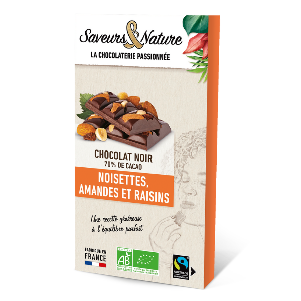 Tablette de chocolat noir bio 70% de cacao minimum amandes, noisettes et raisins secs - 80 g