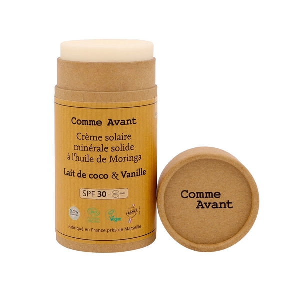 Crème solaire minérale solide spf30 - lait de coco & vanille - version 3 (origine France) - 80 g
