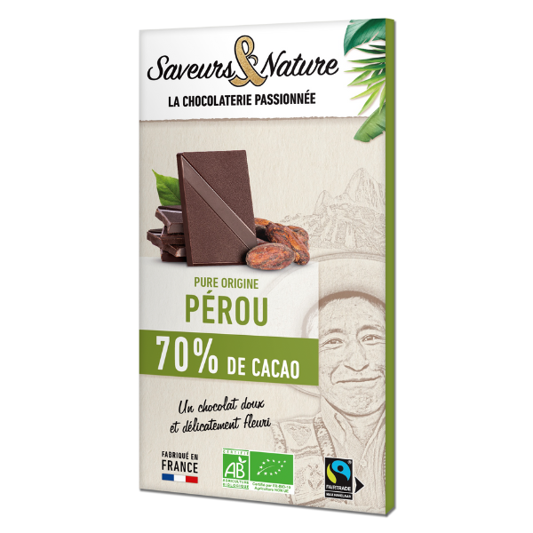 Tablette de chocolat noir bio 70% de cacao pure origine pérou - 80 g