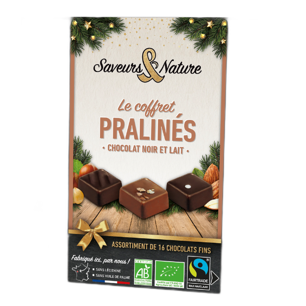 Coffret assortiment de 16 pralinés enrobés de chocolat noir et lait bio - 125 g