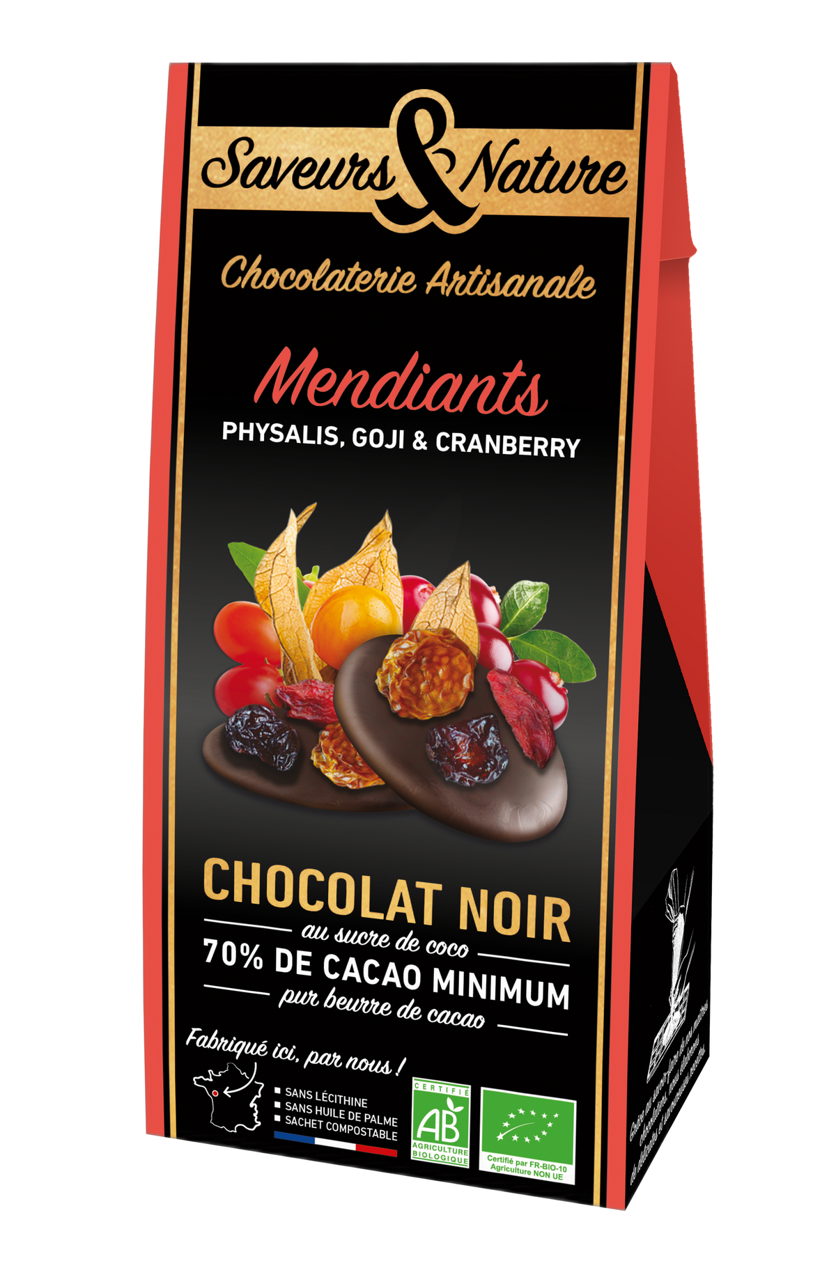 Mendiants de chocolat noir bio au sucre de coco avec cranberry, goji, physalis - 125 g