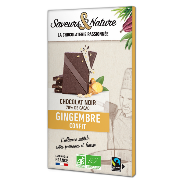 Tablette de chocolat noir bio 70% de cacao au gingembre confit - 80 g
