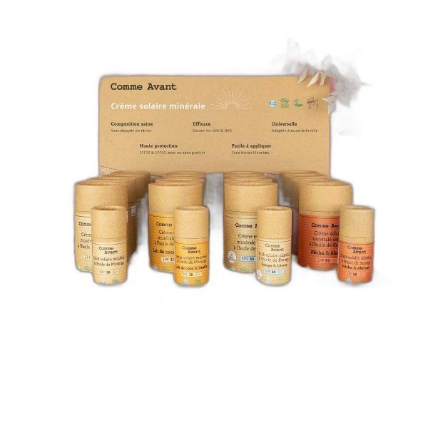 Présentoir de 16 crèmes solaires Sans Parfum, Lait de coco & Vanille, pêche & Abricot + 4 testeurs(origine France)