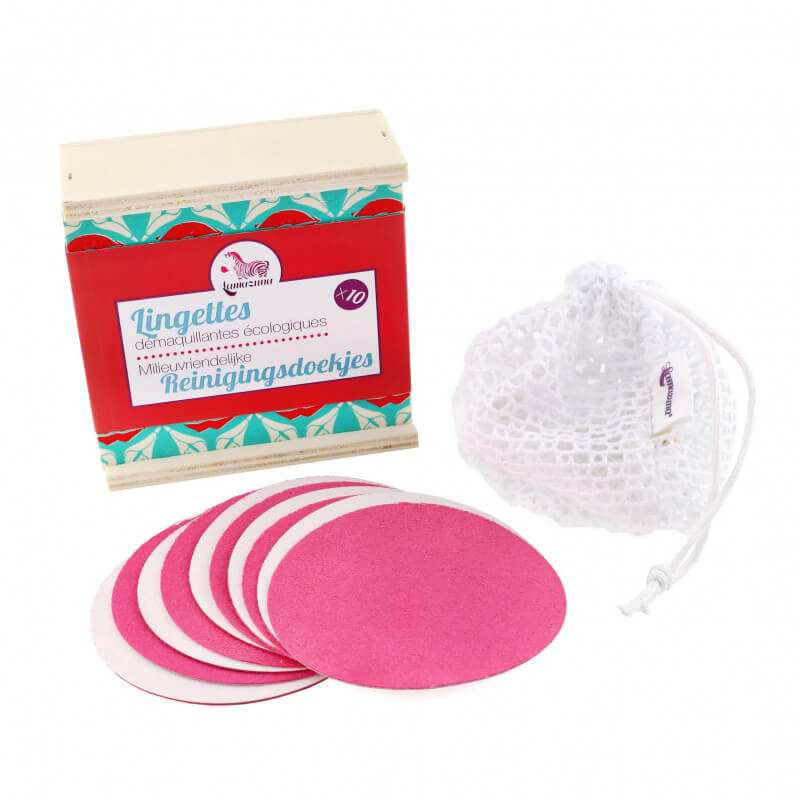Coffret 10 lingettes démaquillantes (Rose/blanc) + filet de lavage